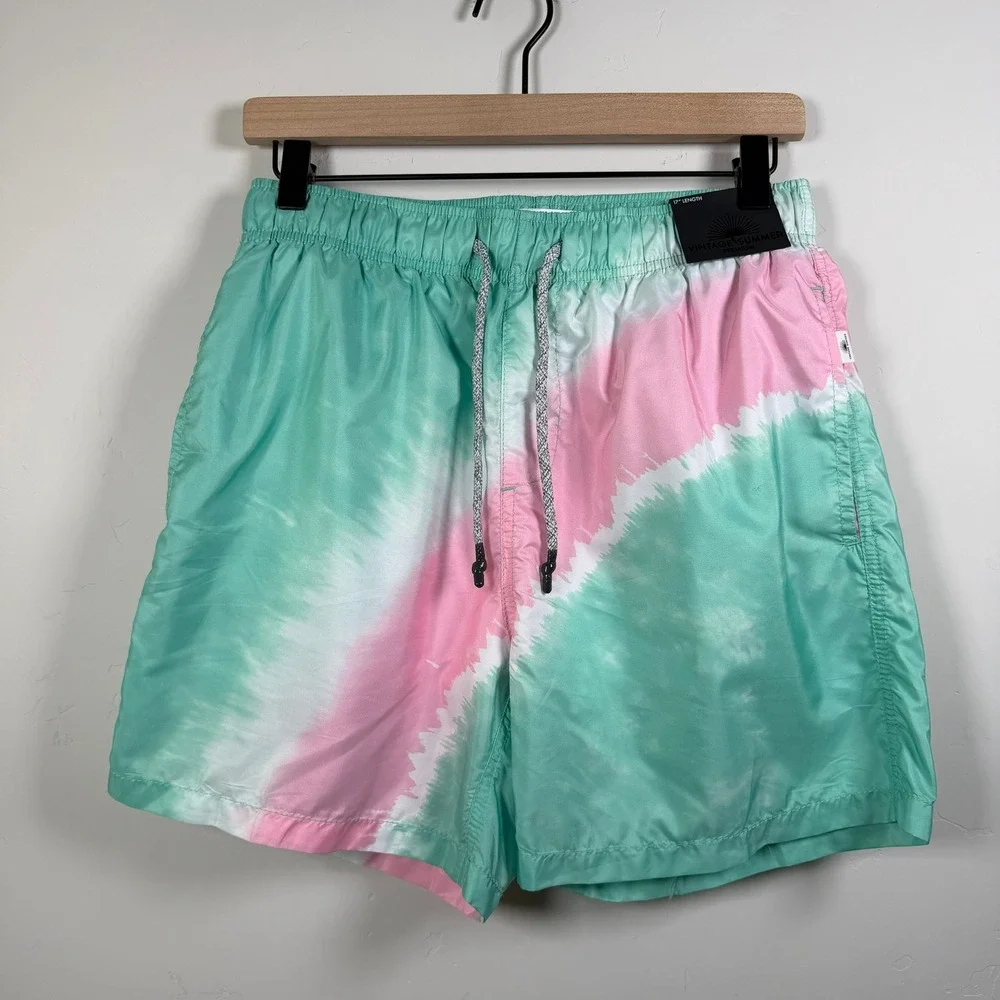 Vintage Summer Swim Trunks Size Small Pink Teal Tie Dye V90509N NEW Vacation
